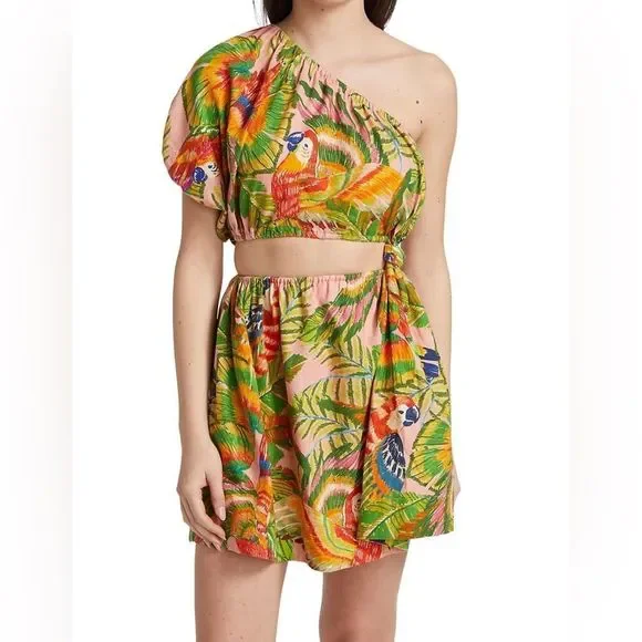 FARM Rio | Dresses | Farm Rio Macaw Leaves One Shoulder Cut Out Multicolor Mini  Dress Size L | Poshmark